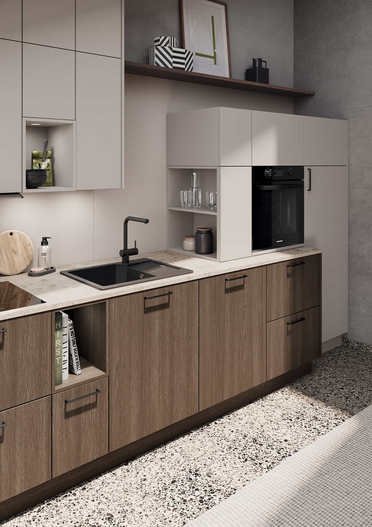 Cuisine moderne en bois foncé et beige avec évier noir, four encastré et rangements ouverts