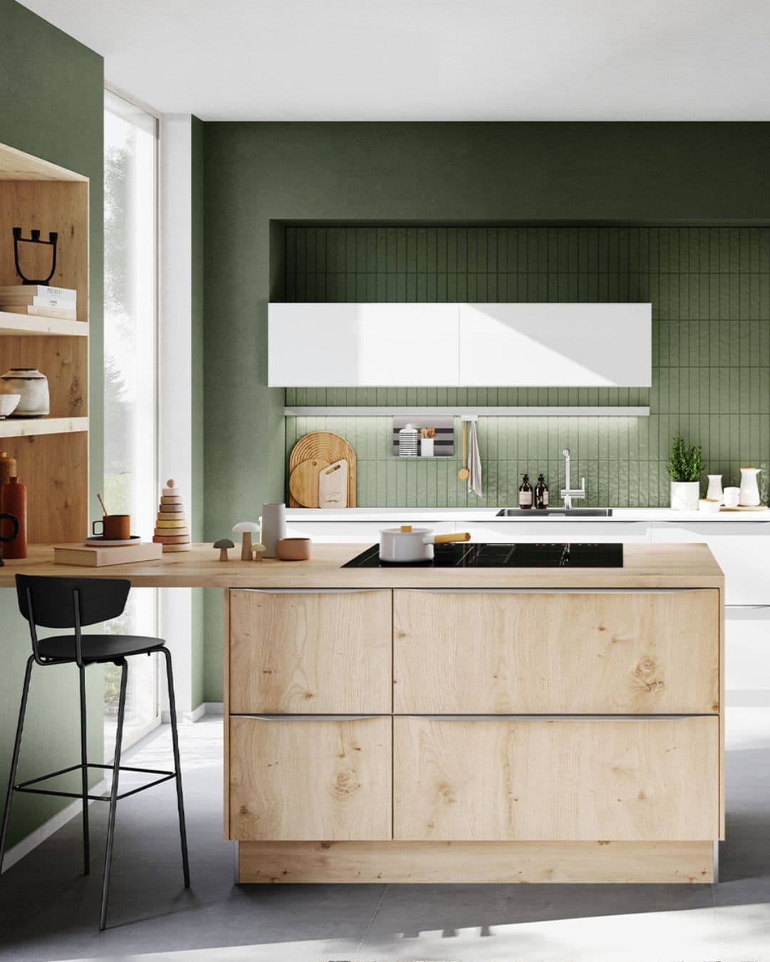 Cuisine moderne avec îlot central en bois clair avec espace repas intégré